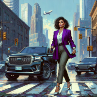 This 32k UHD glossy digital illustration captures the essence of a stunning Portuguese woman with a curvy, plus-size figure. Her short, curly hair adds a touch of elegance to her profile as she strides confidently away from her Range Rover. Set against the dynamic backdrop of Toronto, the scene is a harmonious blend of painterly and monochromatic elements, showcasing the city's buildings, vehicles, and traffic lights.  In one hand, she holds a laptop, while the other grasps an iPhone, signifying her modern, tech-savvy lifestyle. Her sophisticated ensemble features a striking purple jacket and tailored pencil pants, complemented by silver high-heeled shoes. The vibrant purple of her attire stands out brilliantly against the subdued tones of the urban landscape, making her the undeniable focal point of this captivating artwork.