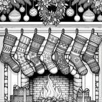 multiple christmas stockings hanging on a fireplace. coloringtemplate