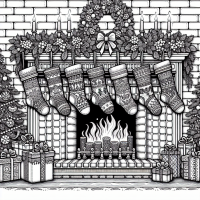 multiple christmas stockings hanging on a fireplace. coloringtemplate only black and white no grey scale
