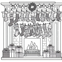 simpel kids coloringtemplate of multiple christmas stockings hanging on a fireplace.  only black and white no grey scale