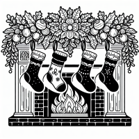 easy kids coloring template of christmas stockings hanging on a fireplace.  only black and white no grey scale