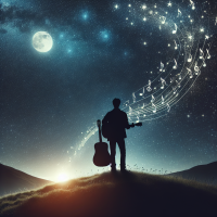 A silhouette of a person standing on a hilltop, guitar in hand, with musical notes rising up to form constellations in the night sky.