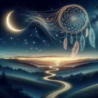 A winding road disappearing into a horizon lit by a crescent moon, with a faint outline of a dreamcatcher in the sky.