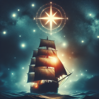 A sturdy ship sailing on a starlit sea, with a compass rose glowing brightly on the sail, symbolizing guidance and determination.