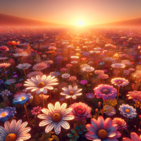 A wildflower field under a sunrise, with each flower's petals inscribed with words of wisdom, as if nature itself is imparting knowledge.