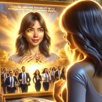 This 32k UHD glossy digital illustration captures the essence of A young lady looking into the mirror of self and she see her future self as a ceo of her own company doing great things and helping people be the best they can be.