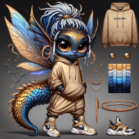 cute, mythical creature that is a blend of a fairy and a dragon, with large expressive eyes and tiny wings. The creature has earth-tone colored scales in shades of gold, blue, platinum, and tan. It wears urban streetwear, including a hoodie and sneakers, with ombre blue locs as its hairstyle. The creature is adorned with jewelry, including hoop earrings. The word 'HERstory' is embroidered in gold calligraphic font on the front of the hoodie. It strikes a confident pose, combining whimsical and street-style elements.