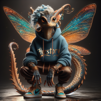 cute, mythical creature that is a blend of a fairy and a dragon, with large expressive eyes and tiny wings. The creature has earth-tone colored scales in shades of gold, blue, platinum, and tan. It wears urban streetwear, including a hoodie and sneakers, with ombre blue locs as its hairstyle. The creature is adorned with jewelry, including hoop earrings. The word 'HERstory' is embroidered in gold calligraphic font on the front of the hoodie. It strikes a confident pose, combining whimsical and street-style elements.