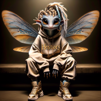 cute, mythical creature that is a blend of a fairy and a dragon, with large expressive eyes and tiny wings. The creature has earth-tone colored scales in shades of gold, blue, platinum, and tan. It wears urban streetwear, including a hoodie and sneakers, with ombre blue locs as its hairstyle. The creature is adorned with jewelry, including hoop earrings. The word 'HERstory' is embroidered in gold calligraphic font on the front of the hoodie. It strikes a confident pose, combining whimsical and street-style elements.