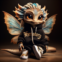 cute, mythical creature that is a blend of a fairy and a dragon, with large expressive eyes and tiny wings. The creature has earth-tone colored scales in shades of gold, blue, platinum, and tan. It wears urban streetwear, including a hoodie and sneakers, with ombre blue locs as its hairstyle. The creature is adorned with jewelry, including hoop earrings. The word 'HERstory' is embroidered in gold calligraphic font on the front of the hoodie. It strikes a confident pose, combining whimsical and street-style elements.