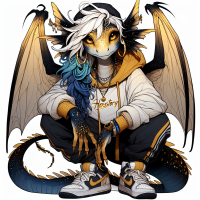 cute, mythical creature that is a blend of a fairy and a dragon, with large expressive eyes and tiny wings. The creature has earth-tone colored scales in shades of gold, blue, platinum, and tan. It wears urban streetwear, including a hoodie and sneakers, with ombre blue locs as its hairstyle. The creature is adorned with jewelry, including hoop earrings. The word 'HERstory' is embroidered in gold calligraphic font on the front of the hoodie. It strikes a confident pose, combining whimsical and street-style elements.