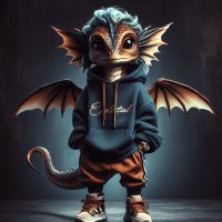 cute, mythical creature a blend of a fairy and a dragon, large expressive eyes, tiny wings, earth-tone colored scales, wearing urban streetwear, hoodie and sneakers, with ombre blue locs as its hairstyle. adorned with jewelry. The word 'Celestial' is embroidered in gold calligraphic font on the front of the hoodie. dark background