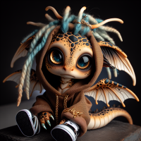 cute, mythical creature a blend of a fairy and a dragon, large expressive eyes, tiny wings, earth-tone colored scales, wearing urban streetwear, hoodie and sneakers, with ombre blue locs as its hairstyle. adorned with jewelry. The word 'Celestial' is embroidered in gold calligraphic font on the front of the hoodie. dark background