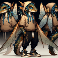 A cute, mythical creature that is a blend of a fairy and a dragon with a mischievous expression. It has large, expressive eyes, tiny wings, earth-tone colored scales, wearing urban streetwear, hoodie and sneakers, with ombre blue locs as its hairstyle, adorned with jewelry. The word 'Celestial' is embroidered in gold calligraphic font on the front of the hoodie. The background is dark. dramatic lighting