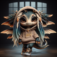 A cute, mythical creature that is a blend of a fairy and a dragon with a mischievous expression. It has large, expressive eyes, tiny wings, earth-tone colored scales, wearing urban streetwear, hoodie and sneakers, with ombre blue locs as its hairstyle, adorned with jewelry. The word 'Celestial' is embroidered in gold calligraphic font on the front of the hoodie. The background is dark. dramatic lighting