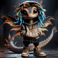 A cute, mythical creature that is a blend of a fairy and a dragon with a mischievous expression and graffiti in the background. It has large, expressive eyes, tiny wings, earth-tone colored scales, wearing urban streetwear, hoodie and sneakers, with ombre blue locs as its hairstyle, adorned with jewelry. The word 'Celestial' is embroidered in gold calligraphic font on the front of the hoodie. The background is dark with graffiti.