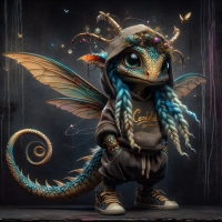 cute, mythical creature that is a blend of a fairy and a dragon with a mischievous expression and graffiti in the background. It has large, expressive eyes, tiny wings, earth-tone colored scales, wearing urban streetwear, hoodie and sneakers, with ombre blue locs as its hairstyle, adorned with jewelry. The word 'Celestial' is embroidered in gold calligraphic font on the front of the hoodie. The background is dark with graffiti., steampunk, graffiti style, 