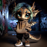 cute, mythical creature that is a blend of a fairy and a dragon with a mischievous expression and graffiti in the background. It has large, expressive eyes, tiny wings, earth-tone colored scales, wearing urban streetwear, hoodie and sneakers, with ombre blue locs as its hairstyle, adorned with jewelry. The word 'Celestial' is embroidered in gold calligraphic font on the front of the hoodie. The background is dark with graffiti., steampunk, graffiti style, 