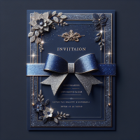 Design a sophisticated invitation card for an elite event. Use royal blue as the main color, with glitter and silver embellishments. Add a refined bow at the top right corner. The card should exude elegance and a sense of high-class luxury.”