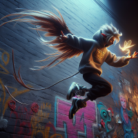 WllyXo's signature pose is a dynamic, mid-air leap with his tiny wings spread wide, platinum locs flowing behind him like a comet's tail. One hand is outstretched, holding a small, glowing film reel, while the other hand forms a peace sign. His sneakers are perfectly angled as if he's about to land on a graffiti-covered wall. The hoodie with 