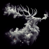 create a mythical white stag made of smoke with Celestial Kreationz made of smoke coming out of it's mouth