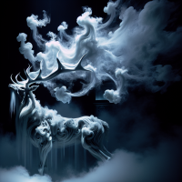 create a mythical white stag made of smoke with Celestial Kreationz made of smoke coming out of it's mouth