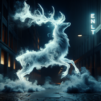 biofloresent colored urban high resolution mythical and majestic full body white stag that is made of smoke & the words 