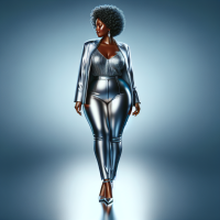 Trust yourself You are the the power  32k uhd glossy digital illustration of Beautiful Portuguese curvy, plus size women, with short, curly, flowing hair. She's elegantly dressed in a sliver jacket and pencil pants, with matching sliver/ silver ankle high-heels. The woman vibrant silver attire.