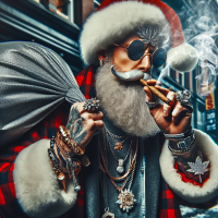 create an urban santa clause weafring jewelry and smoking a blunt holding a bag full of wrapped gifts