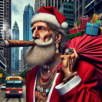 create an urban santa clause weafring jewelry and smoking a blunt holding a bag full of wrapped gifts