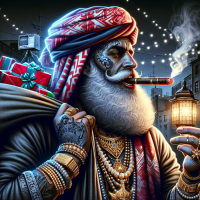 create An ultra-detailed 4K airbrush glossy illustration featuring an urban santa clause wearing jewelry and smoking a blunt holding a bag full of wrapped gifts, 