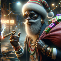 create An ultra-detailed 4K airbrush glossy 300 dpi illustration featuring an urban santa clause wearing jewelry and smoking a blunt holding a bag full of wrapped gifts, 