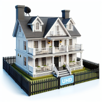 32K uhd glossy digital illustration a two story  white house with balcony on second floor with black picket fence around the balcony. the house have 4 windows and front door that is open. 