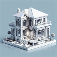 32K uhd glossy digital illustration a two story  white house with balcony on second floor includes a walkout basement do not include any UHD on the design. the house have 4 widows and front door is opened 