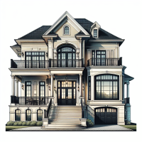 A stunning 32K glossy digital illustration depicts a two-story white concert house featuring a balcony on the second floor and a walkout basement that is partially above ground. The façade includes four windows and an elegant black French front door, which is ajar, inviting a closer look inside.