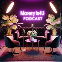 In this stunning 32k UHD glossy digital illustration, podcast studio, with a modern black velvet sofa, flanked by two matching chairs on each side. Two podcast microphones stand on the floor ready for action. Adjacent to the sofa, a tall Monstera plant in a chic white pot where a purple light shining on theplan pot, that adds a touch of natural beauty, while a tropical plant on the other side enhances the studio's ambiance. Above the sofa are two black umbrellas are strategically placed to control the lighting, casting a flattering glow over the entire scene. In the backdrop, a vibrant pink neon sign illuminates with the words.  MONEYis4U Podcast The overall composition exudes sophistication and style, capturing the essence of a modern podcast studio with a touch of glamour.