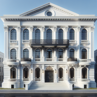 A breathtaking 32K glossy digital artwork showcases a three-story white concert hall, complete with a charming balcony on the uppermost level. The striking black French front door stands slightly open, inviting curious onlookers to peer inside. The main entrance is prominently located at the front, while a side entrance adds accessibility to the structure. The façade is adorned with four elegant windows, enhancing the overall grandeur of the building.