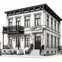 A stunning 32K glossy digital illustration depict a three- story white concert house featuring a balcony on the third floor. A elegant black French front door, which is ajar, inviting a closer look inside. The house has front door at front of the house. And a side entrance  door at the side of the house the  façade includes four windows. House also have first floor or basement above ground