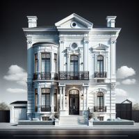 A stunning 32K glossy digital illustration depicts a three- story white concert house featuring a balcony on the third floor. A elegant black French front door, which is ajar, inviting a closer look inside. The house has front door at front of the house. And a side entrance  door at the side of the house the  façade includes four windows.