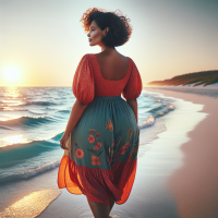 This captivating 32k UHD glossy digital artwork beautifully depicts a remarkable Portuguese woman with a voluptuous, plus-size silhouette. Her short, curly hair enhances her elegant demeanor as she walks with confidence. Positioned by the ocean, she taps into her inner strength, exuding grace. Dressed in a vibrant, eye-catching summer dress and barefoot, she gazes out at the breathtaking sunrise, embracing the beauty of the moment.