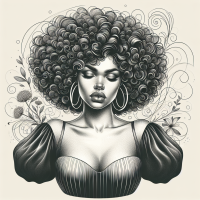 This captivating 32k UHD glossy digital artwork beautifully depicts a remarkable Portuguese woman with a voluptuous, plus-size silhouette. Her short, curly hair enhances her elegant demeanor stand with her eyes close. And above her head are the thoughts of the life she wants to have all positive. 