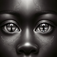 A realistic depiction of two decorative African American eyes with a detailed reflection of a silhouette of an image that celebrates Black History month, inside the pupils of the African American eyes, with a dark contrasting background color and subtle patterns