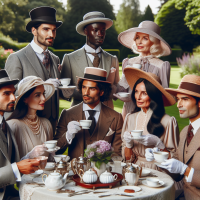 Afternoon Tea party with people dress up with Hats and matching gloves with tea cup in their hands having conversation's in garden 